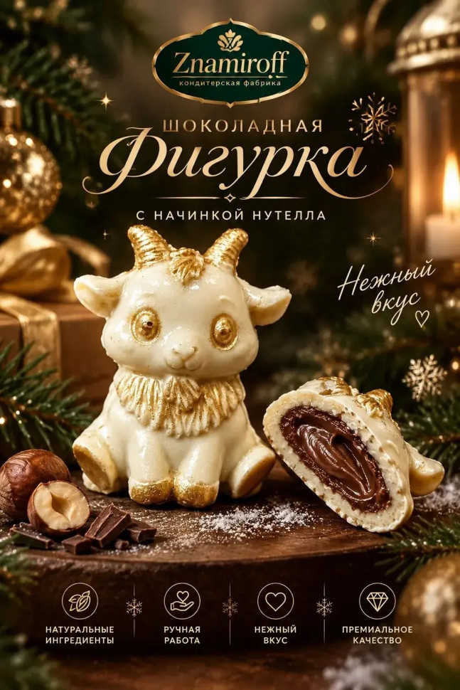  Шоколад фигурный "Мультяшный козлик" белый шоколад с начинкой нутелла(блок 5шт по 70г) в Мариинске